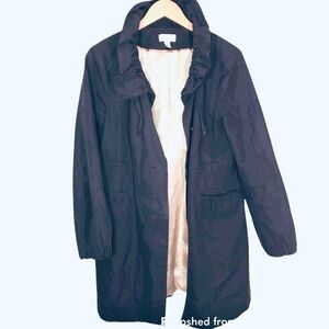 LOFT size M blue grey Cotton ruffle cinch collar button front pleated middy coat